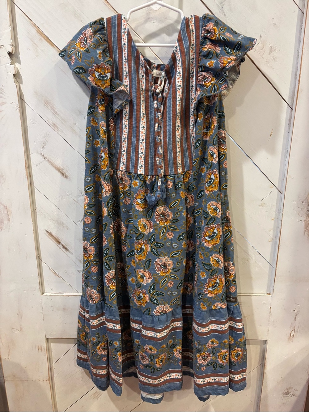 Matilda Jane Striped Floral Tie-Neck Dress in Blue & Rust - Picture 2 of 5